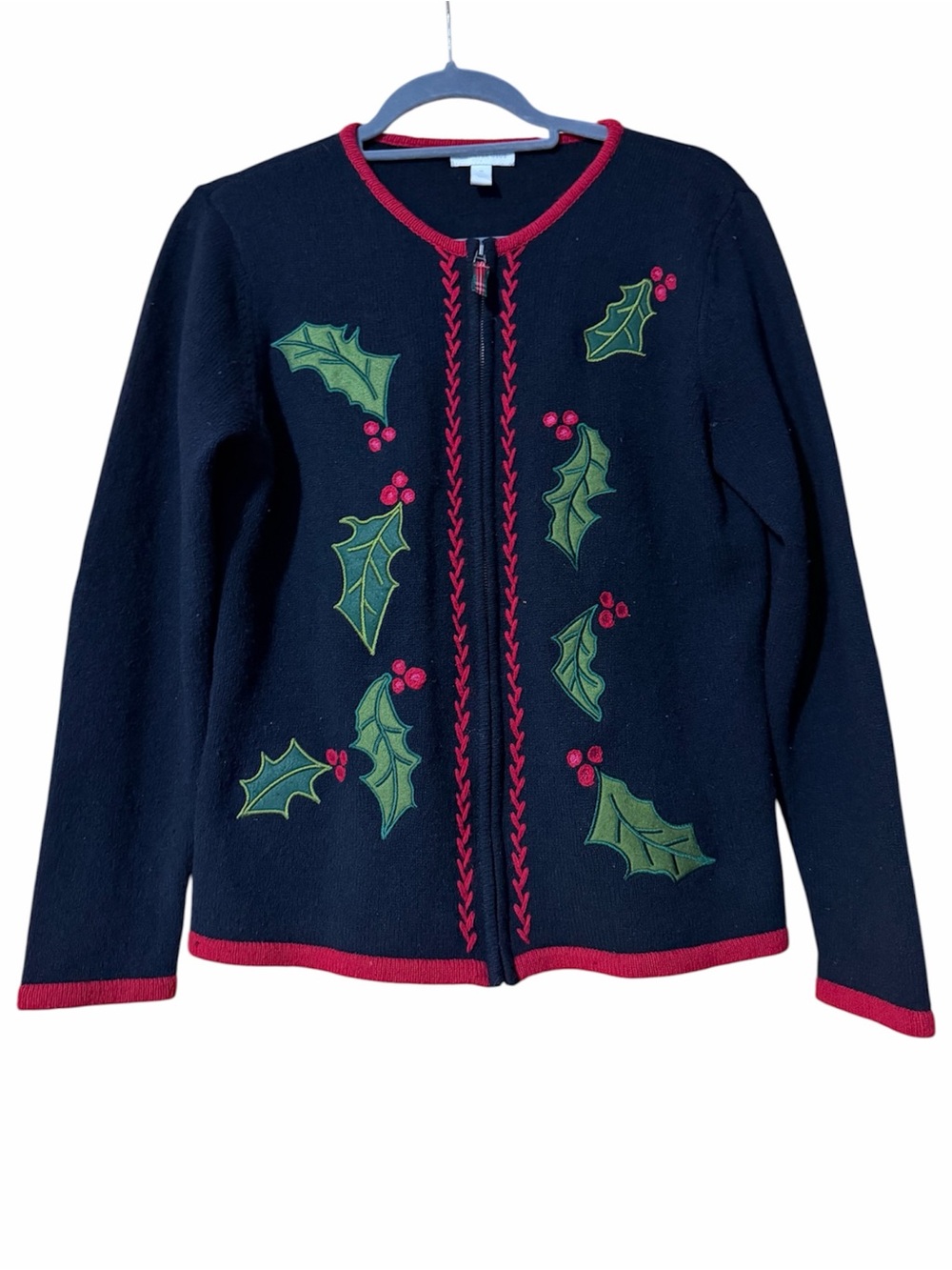 Charter Club 100% Lambswool Holly Christmas Sweater Zip Cardigan M Festive